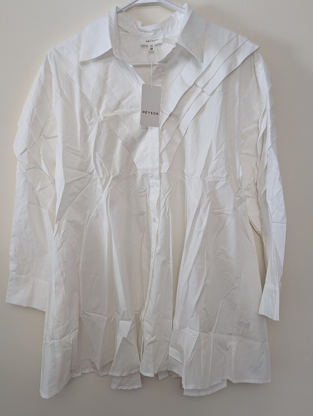 Heyson Off-White Cotton Pleated Detail Long Sleeve Button Up Mini Dress Sz M